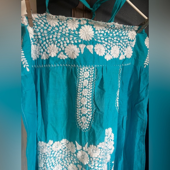 Vintage Boho Mexican Cotton Embroidered Turquoise Apron Halter Dress Size S - Picture 2 of 6